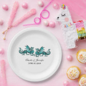 ティール（緑がかった色）エレガントドラゴ結婚ンズの紙プレート ペーパープレート (パーティー)