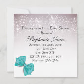 ティール（緑がかった色）エレガントバウ輝くベビースシャワー 招待状 (裏面)