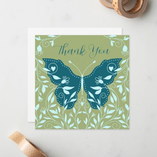ティール(緑がかった色)エレガントバタフライアクアつる植物ありがとう ノートカード (正面/裏面インサイチュ)