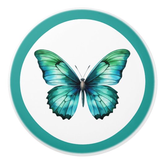 ティール(緑がかった色)エレガントバタフライターコイズブルードロワノブ セラミックノブ (正面)