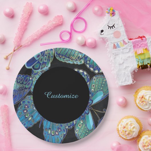 ティール(緑がかった色)エレガントバタフライパターン紙プレート ペーパープレート (パーティー)