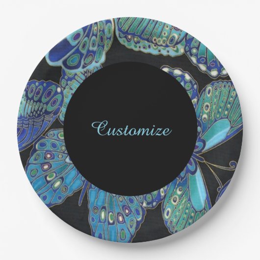 ティール(緑がかった色)エレガントバタフライパターン紙プレート ペーパープレート (正面)