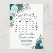 ティール（緑がかった色）エレガントバラ結婚式日付カレンダーを保存 案内ポストカード (正面)