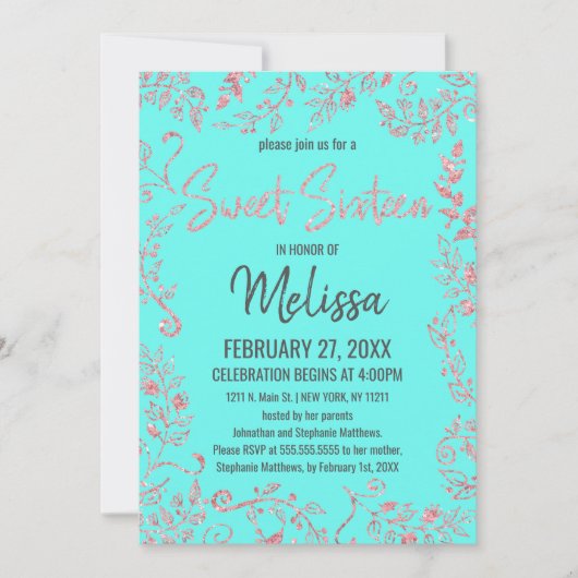 ティール（緑がかった色）エレガントバラ金ゴールドグリッターフローラスウィート16 招待状 (正面)