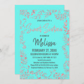 ティール（緑がかった色）エレガントバラ金ゴールドグリッターフローラスウィート16 招待状 (正面/裏面)