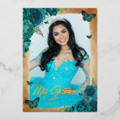 ティール（緑がかった色）エレガントバラ金ゴールドフローラ写真キンセアニェラ 箔招待状 (正面)