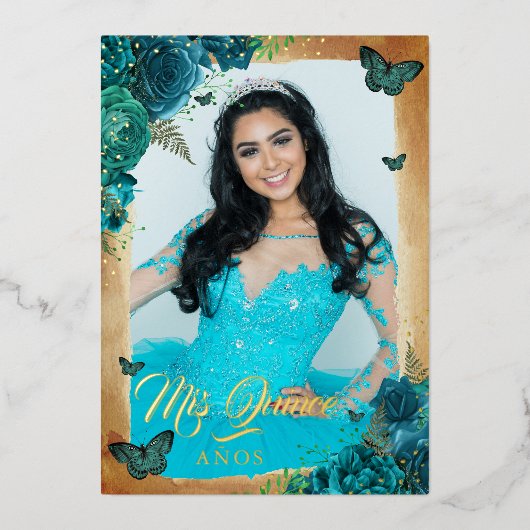 ティール（緑がかった色）エレガントバラ金ゴールドフローラ写真キンセアニェラ 箔招待状 (正面)