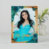 ティール（緑がかった色）エレガントバラ金ゴールドフローラ写真キンセアニェラ 箔招待状 (立ち正面)