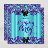 ティール(緑がかった色)エレガントパープルブラックレースバースデーパーティー 招待状 (正面/裏面)