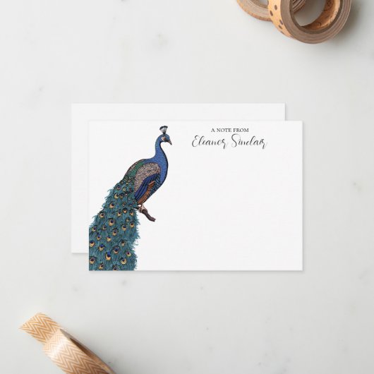 ティール（緑がかった色）エレガントピーコックイラストレーション ノートカード (正面/裏面インサイチュ)