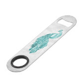 ティール（緑がかった色）エレガントピーコックパーソナライズされたバー鍵 スピード栓抜き (裏面アングル)