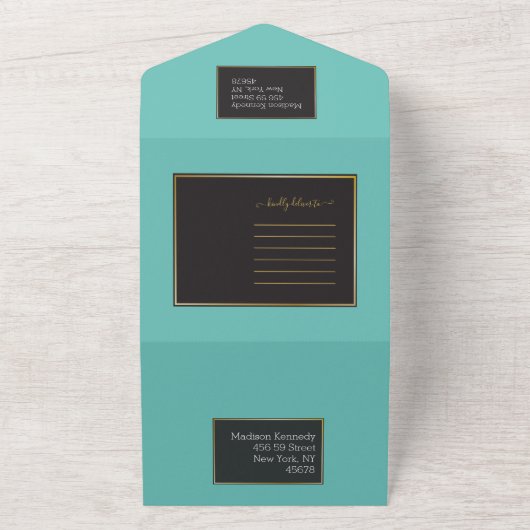 ティール(緑がかった色)エレガントファブ オールインワン招待状 (外側)