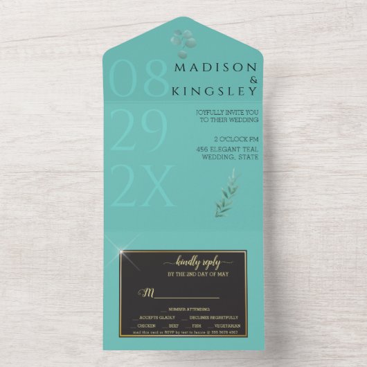 ティール(緑がかった色)エレガントファブ オールインワン招待状 (内側)