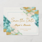 ティール（緑がかった色）エレガントフラワー「日付を保存」カード ノートカード (正面/裏面)