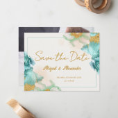 ティール（緑がかった色）エレガントフラワー「日付を保存」カード ノートカード (正面/裏面インサイチュ)