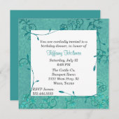 ティール(緑がかった色)エレガントフルーア誕生日の招待 招待状 (正面/裏面)