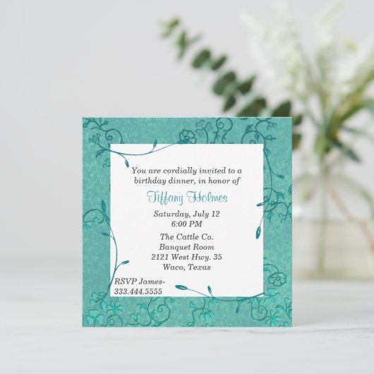 ティール（緑がかった色）エレガントフルーア誕生日の招待 招待状 (スタンド正面)