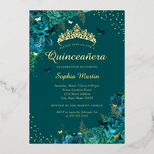 ティール（緑がかった色）エレガントフローラバタフライキンセアニェラ 箔招待状 (正面)