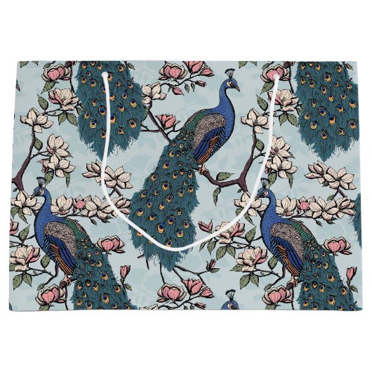 ティール（緑がかった色）エレガントフローラピーコックとマグノリアの花 ラージペーパーバッグ (正面)