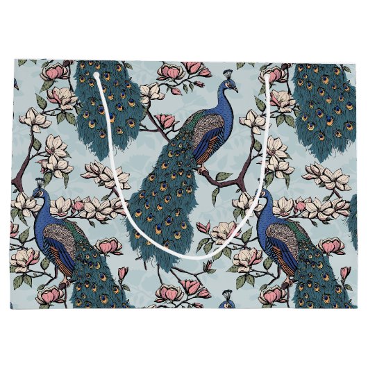 ティール（緑がかった色）エレガントフローラピーコックとマグノリアの花 ラージペーパーバッグ (裏面)