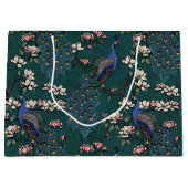 ティール（緑がかった色）エレガントフローラピーコックとマグノリアの花 ラージペーパーバッグ (正面)