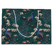 ティール（緑がかった色）エレガントフローラピーコックとマグノリアの花 ラージペーパーバッグ (裏面)