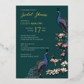 ティール（緑がかった色）エレガントフローラピーコックブライダルシャワー 箔招待状 (正面)