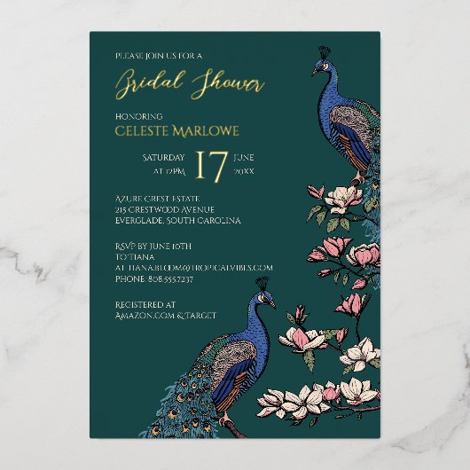 ティール（緑がかった色）エレガントフローラピーコックブライダルシャワー 箔招待状 (正面)