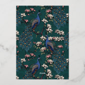 ティール（緑がかった色）エレガントフローラピーコックブライダルシャワー 箔招待状 (裏面)