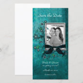 ティール（緑がかった色）エレガントフローラ日付フォトカードの保存 セーブザデート (正面/裏面)
