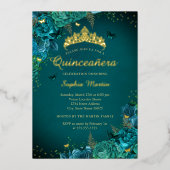 ティール（緑がかった色）エレガントフローラ鮮やかバタフライキンセアニェラ 箔招待状 (正面)