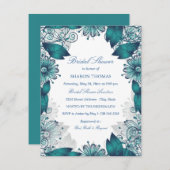 ティール（緑がかった色）エレガントフローラ | ブライダルシャワーへの招待 招待状 (正面/裏面)