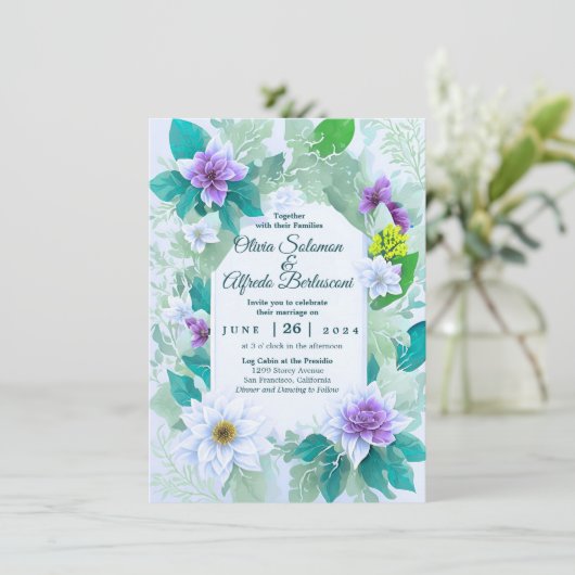 ティール(緑がかった色)エレガントブモダンお洒落結婚ルテーマ 招待状 (スタンド正面)