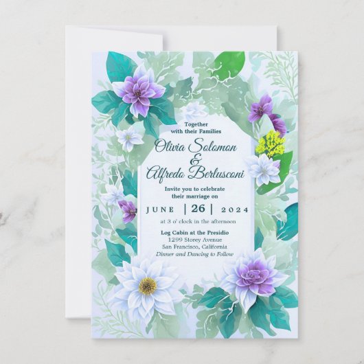 ティール（緑がかった色）エレガントブモダンお洒落結婚ルテーマ 招待状 (正面)