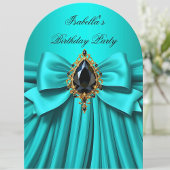 ティール(緑がかった色)エレガントブラックジュエルボウ誕生日パーティー 招待状