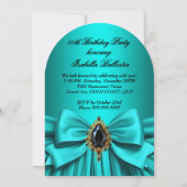 ティール(緑がかった色)エレガントブラックジュエルボウ誕生日パーティー 招待状 (裏面)