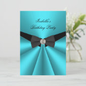 ティール(緑がかった色)エレガントブラックボウタイバースデーパーティーダイヤモンド 招待状 (スタンド正面)