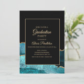 ティール(緑がかった色)エレガントブラック金ゴールド大理石瑪瑙の卒業 招待状 (スタンド正面)