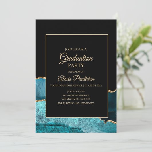 ティール(緑がかった色)エレガントブラック金ゴールド大理石瑪瑙の卒業 招待状 (スタンド正面)