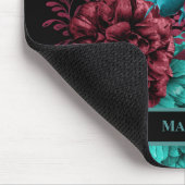 ティール(緑がかった色)エレガントブルゴーニュ赤い花ブラックモノグラム マウスパッド (コーナー)