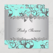 ティール（緑がかった色）エレガントブルーとグレーのベビーシャワー 招待状 (正面/裏面)
