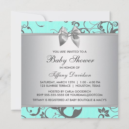 ティール（緑がかった色）エレガントブルーとグレーのベビーシャワー 招待状 (裏面)