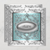 ティール(緑がかった色)エレガントブルーとシルバーの誕生日パーティー 招待状 (正面/裏面)