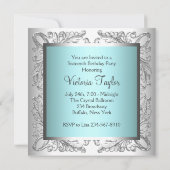 ティール(緑がかった色)エレガントブルーとシルバーの誕生日パーティー 招待状 (裏面)