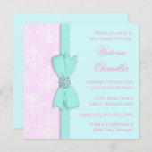 ティール（緑がかった色）エレガントブルーとピンクのベビーガールシャワー 招待状 (正面/裏面)