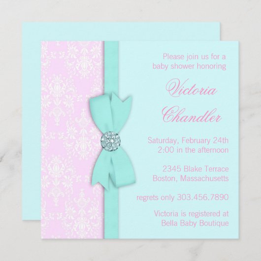 ティール（緑がかった色）エレガントブルーとピンクのベビーガールシャワー 招待状 (正面/裏面)