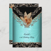 ティール（緑がかった色）エレガントブルーカラメル金ゴールド誕生日パーティー 招待状 (正面/裏面)