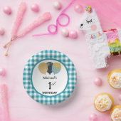 ティール(緑がかった色)エレガントブルーギンガム&バルーン1st誕生日 ペーパーボウル (パーティー)