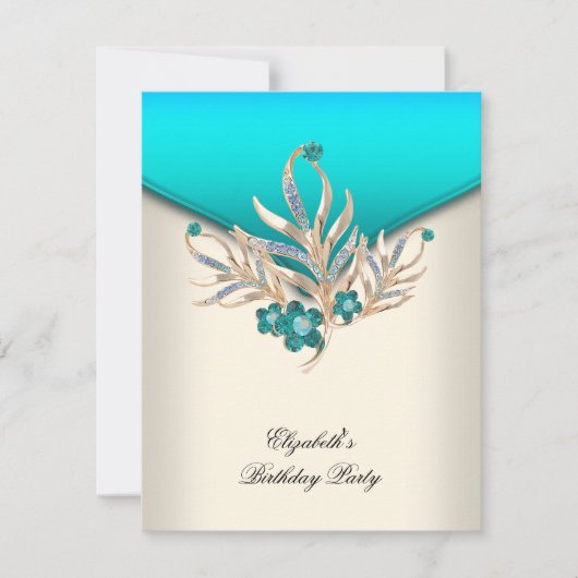 ティール（緑がかった色）エレガントブルークリームホワイトジュエルバースデーパーティー 招待状 (正面)