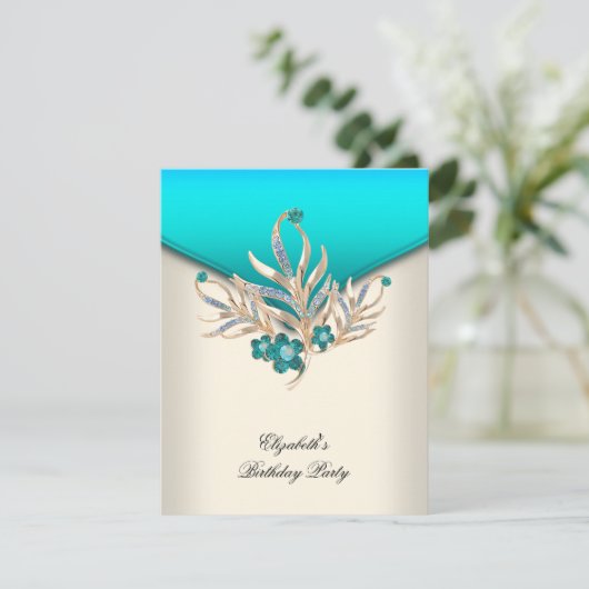 ティール（緑がかった色）エレガントブルークリームホワイトジュエルバースデーパーティー 招待状 (スタンド正面)